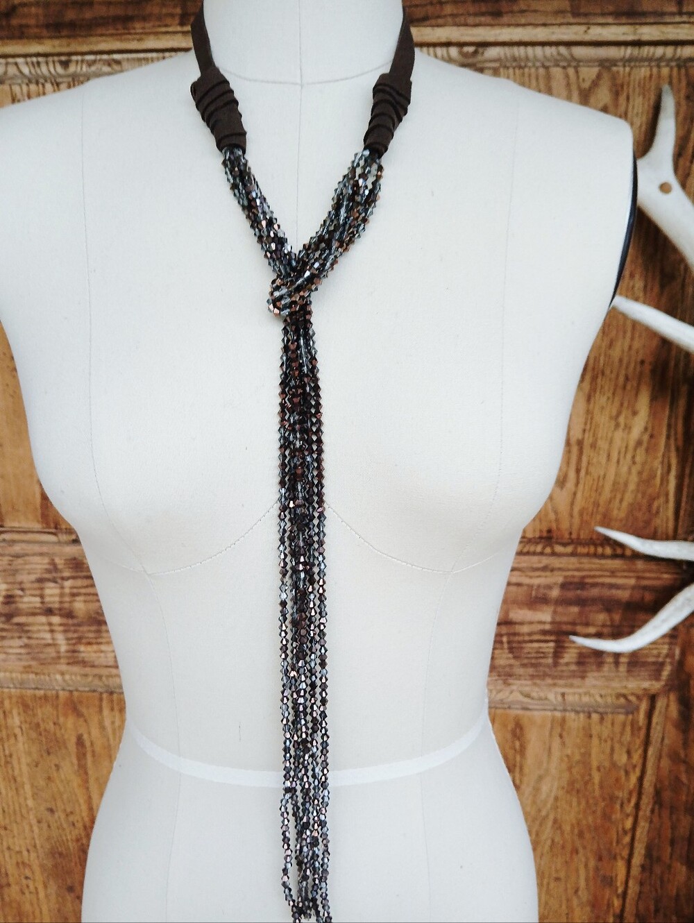 Boho Multi-Strand Faceted Crystal Tied Lariat Necklace Taupe Chocolate brown New